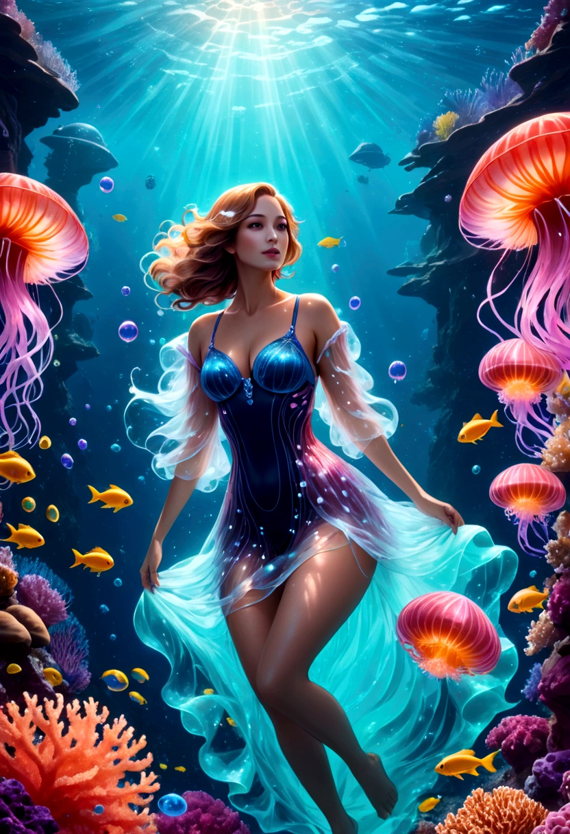 A woman swimming with fishes, deep sea, colorful corals, bubbles, jellyfish, clams, fantasy, epic