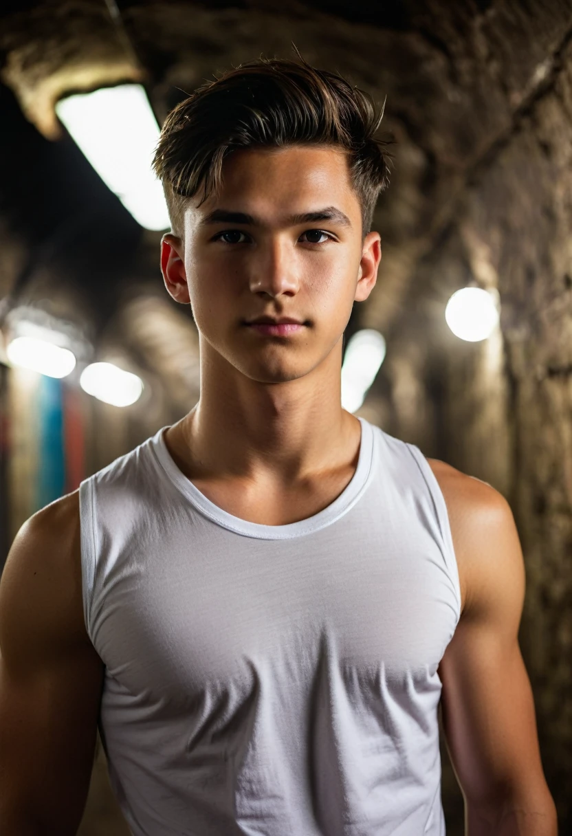 white undershirt, adorable,Salve33, 18-years old(1.0),(underground dispersal:1.1),sharp focus,rewarded photography,professional portrait photograph,RAW photograph (very detailed background:1.2),(fancy:0), dramatic lighting, full - length portrait, standing, photo by full body, photo by full bodygraph, full body shot shot,
