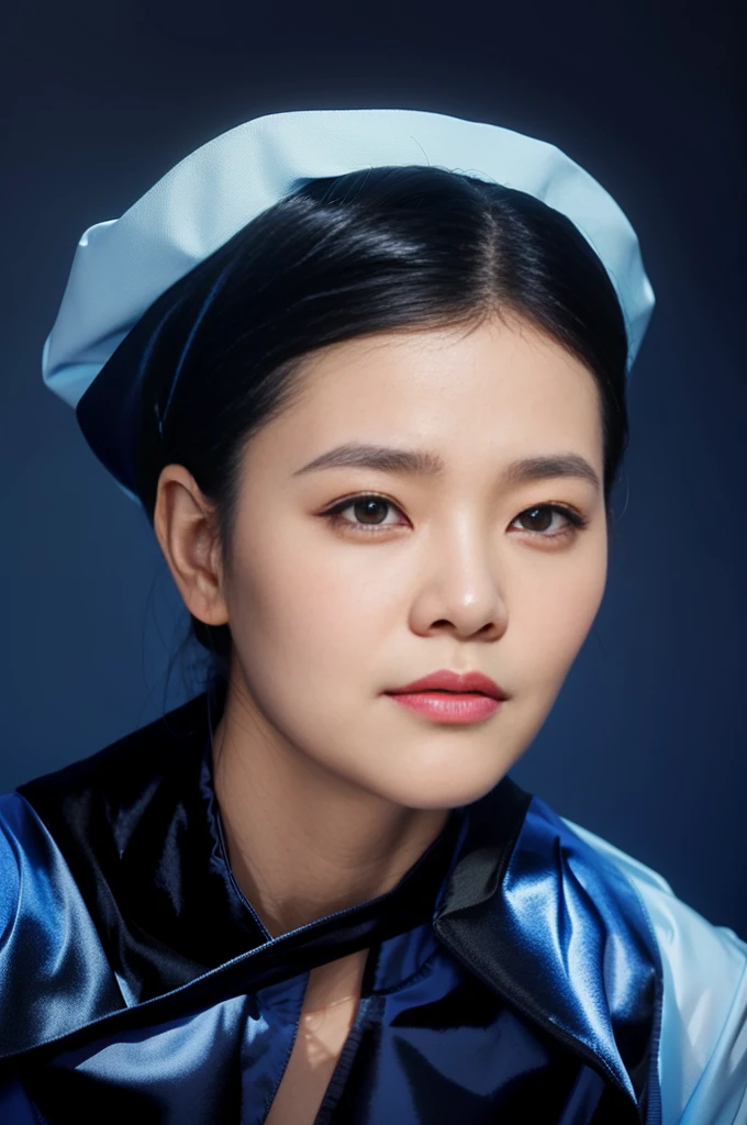 Highly realistic photo, ((masterpiece), (best quality), (raw photo), (photorealistic:1.4), Portrait of a 60 year old Vietnamese woman, wearing a black traditional Vietnamese ao dai and a black scarf on her head, ((blue background:1.4)) , photo taken by Sony A7IV