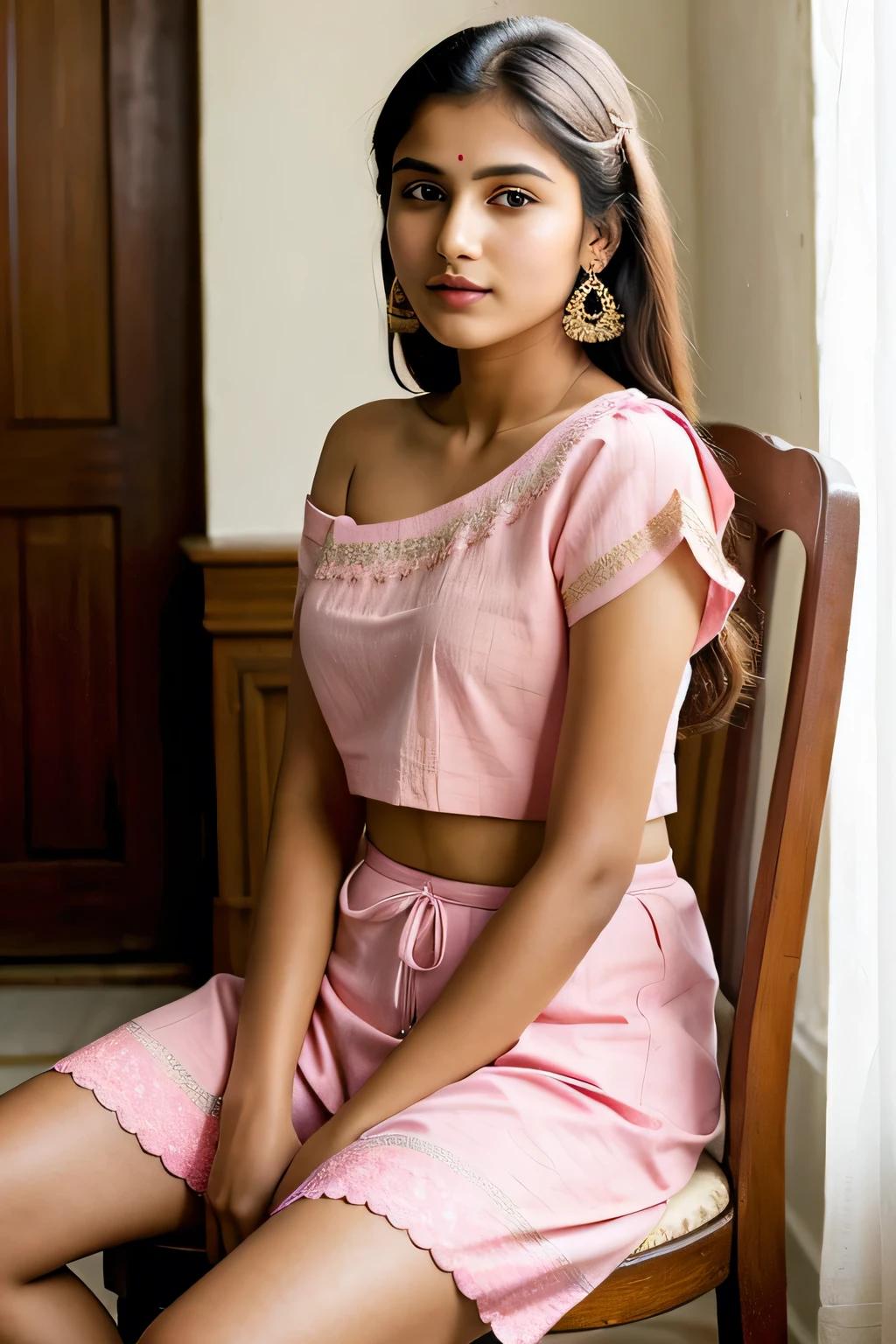 ((best quality)), ((masterpiece)), (detailed),
Indian 1girl, pink shoulder shirts , sitting on chair