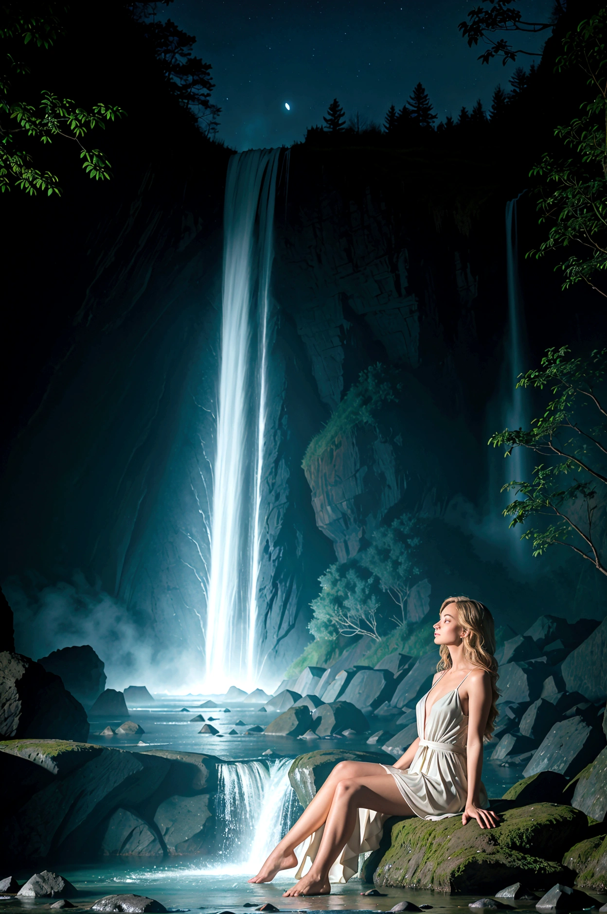 shot by Sony a7 IV Mirrorless Camera, natural light, analog film photo, Kodachrome ,in a magical crystal world , a woman is sitting near a waterfall on a full moon night , sparkling and glittering glowing particles in the air , soft bluish glow