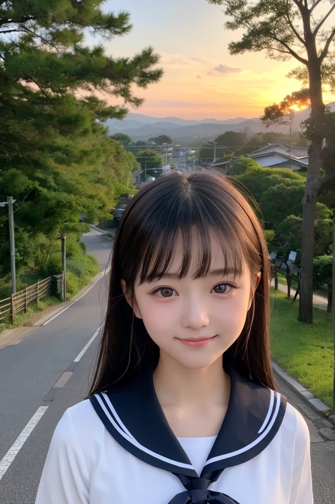 (1 Girl )、(Beautiful Japanese、18years old,round face、Refreshing、clear、seems kind、stylish、Pitiful、cute like an angel、cute、black eyes、,actress,Almond-shaped eyes,Translucent white skin、Beautiful skin), {(Japan human face)} , (((Beautiful breasts:0.4))),(((soft breasts))),(very cute),(Black hair),(enchanting eyes),(highlight on eyes:1.2)、(8K、Live shooting、highest quality、masterpiece:1.2、optimal lighting)、((masterpiece)),(Photo taken by a professional photographer),(real、photo real:1.4),break,{(cute Japanese high school sailor uniform),((Sailor Suit:1.0))},(cheeks are red:1.3), break, break,Face shot:1.3、 face close-up,Looking at viewer、From above,happy,Little smile,田んぼ道,evening、Japanese countryside,evening、sunset、、cumulonimbus,木々
