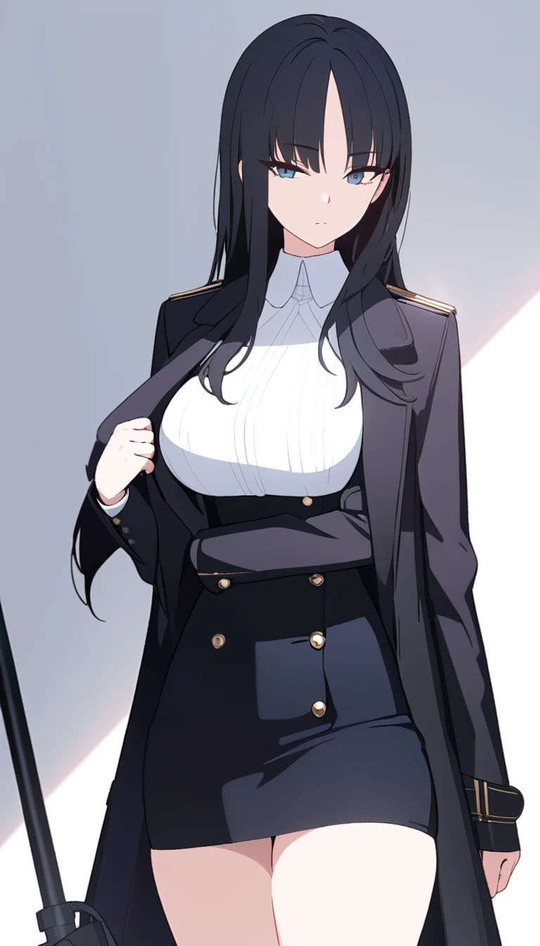 (masterpiece, high quality, best quality, highres,) One Woman, young, tall, Well-built, glamorous, Thick thighs, Black Hair, Long Hair, Bule Eyes, One eye is hidden by bangs, expressionless, White blouse, Black Pencil Skirt, coat, White background, standing, cowboy shot, from the front