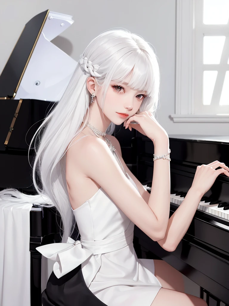 1girl, solo, long hair, instrument, black eyes, dress, white dress, white hair, looking at viewer, light particles, closed mouth, indoors, jewelry, sleeveless, bare shoulders, bangs, from side, head rest on piano, head tilt,perfect symmetrical body