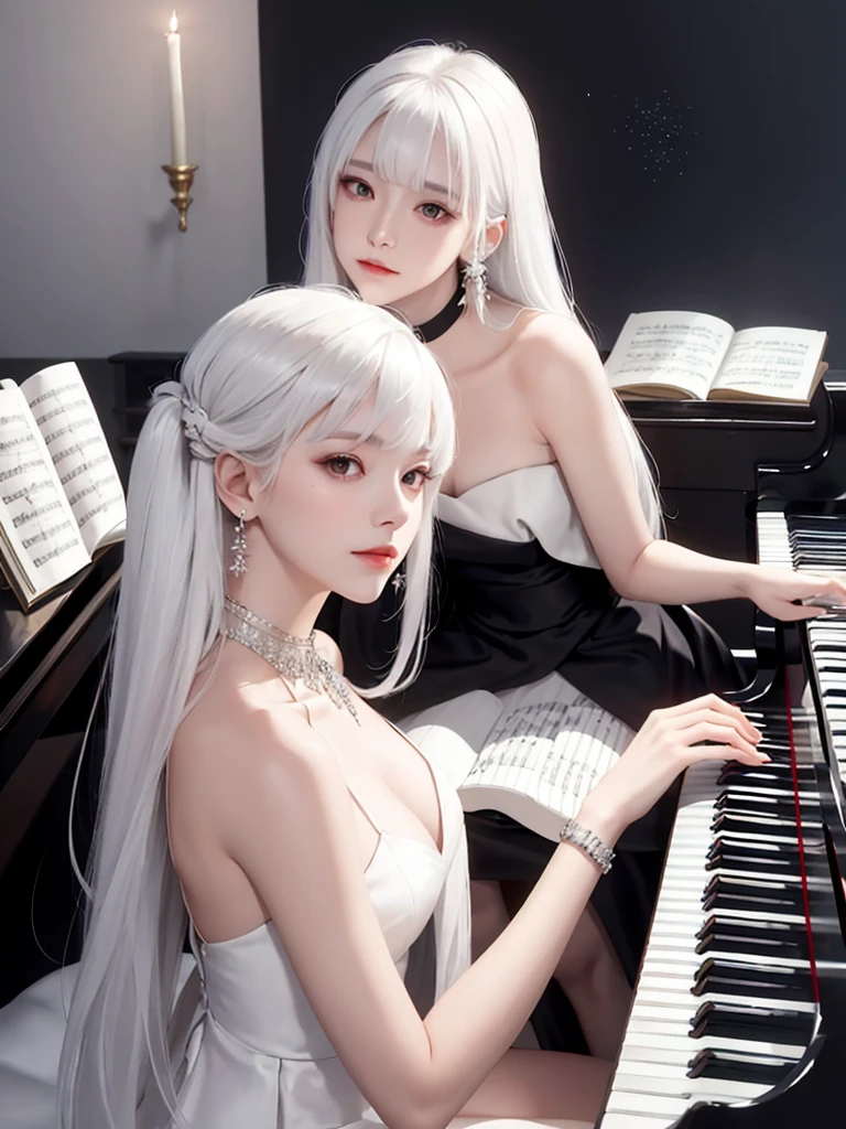 1girl, solo, long hair, instrument, black eyes, dress, white dress, white hair, looking at viewer, light particles, closed mouth, indoors, jewelry, sleeveless, bare shoulders, bangs, from side, head rest on piano, head tilt,perfect symmetrical body