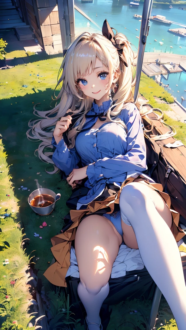 (masterpiece, high quality, Mysterious, Long legs:1.2, Ideal body proportions), (Ultra-high resolution, 8k RAW photos, Photorealistic, Natural light, Fabric Shading), Long Shot Photography:1.6, (One beautiful anime girl:1.3, , alone:1.6, Mature Woman:1.5, Browsing Caution:1.2, whole body:1.3), Glowing Skin, break, ((Alice in Wonderland:1.3, cute, cute, Lovely, interesting, Girl Falling From the Sky:1.7, Girl flying in the sky:1.5, Girl in the air:1.3, The wind lifts up the skirt:1.5, (A big smile:1.3), surprised, Put your hands on your crotch from above your skirt:1.35)), break, ((The floats are as follows:, Trump, trump card, Tea cup, you can, teaspoon, Small Clock:1.3, Lipstick, Candy:1.2, クッKey, Jam jar, Classic Door_Key)), ((purple_Blue clothes :1.5, Wearing a long flared skirt:1.3, The skirt is fluttering:1.3, White apron, White stockings and long platinum blonde hair:1.2, Twin tail hair:1.6, Her hair was tied with a big ribbon), (blue eyes, Bright eyes with highlights, Fine grain), (Lie on your back:1.6, Lean back:1.2, Stand up straight and spread your legs:1.5), ((Dutch Angle:1.5, whole body:1.3, Ass Focus:1.3, From below:1.5, Poor posture)), Amazing colorful art, (Fantasy Images:1.5), ((Correct Anatomy:1.5, Perfect Anatomy:1.3, The right move, Small feet:1.2)),