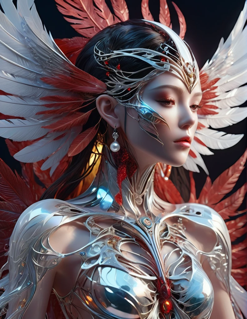 Complex 3d rendering ultra-detailed beautiful angel of death, biomechanical robot, simulated 150mm shot, beautiful natural soft edge light, crystal feathers, roots, delicate leaf lace, colorful details, Boris Bidjan Saberi clothing, pearl earrings, piercings, Art Nouveau fashion embroidery, intricate details, mesh threads, mandelbro fractals, facial muscles, cable wires, microchips, badasses, surreal, ultra-detailed, octane rendering, volumetric lighting, 8k post-production, Red and white with a touch of black, metallic skeleton details, half-human, rainbow colors, Glenn Brown style, futuristic room, power of God, high angle shooting, complex body poses