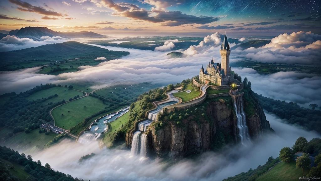 Heaven & a landscape ilustration: castle on the hill made from white diamond, adorned cloud, beautiful skies, magical shine, waterfall, flowing waterfalls, sparkling light stars, flying fairy angels at the sky, magical fog, a magical places, dream world, adorable