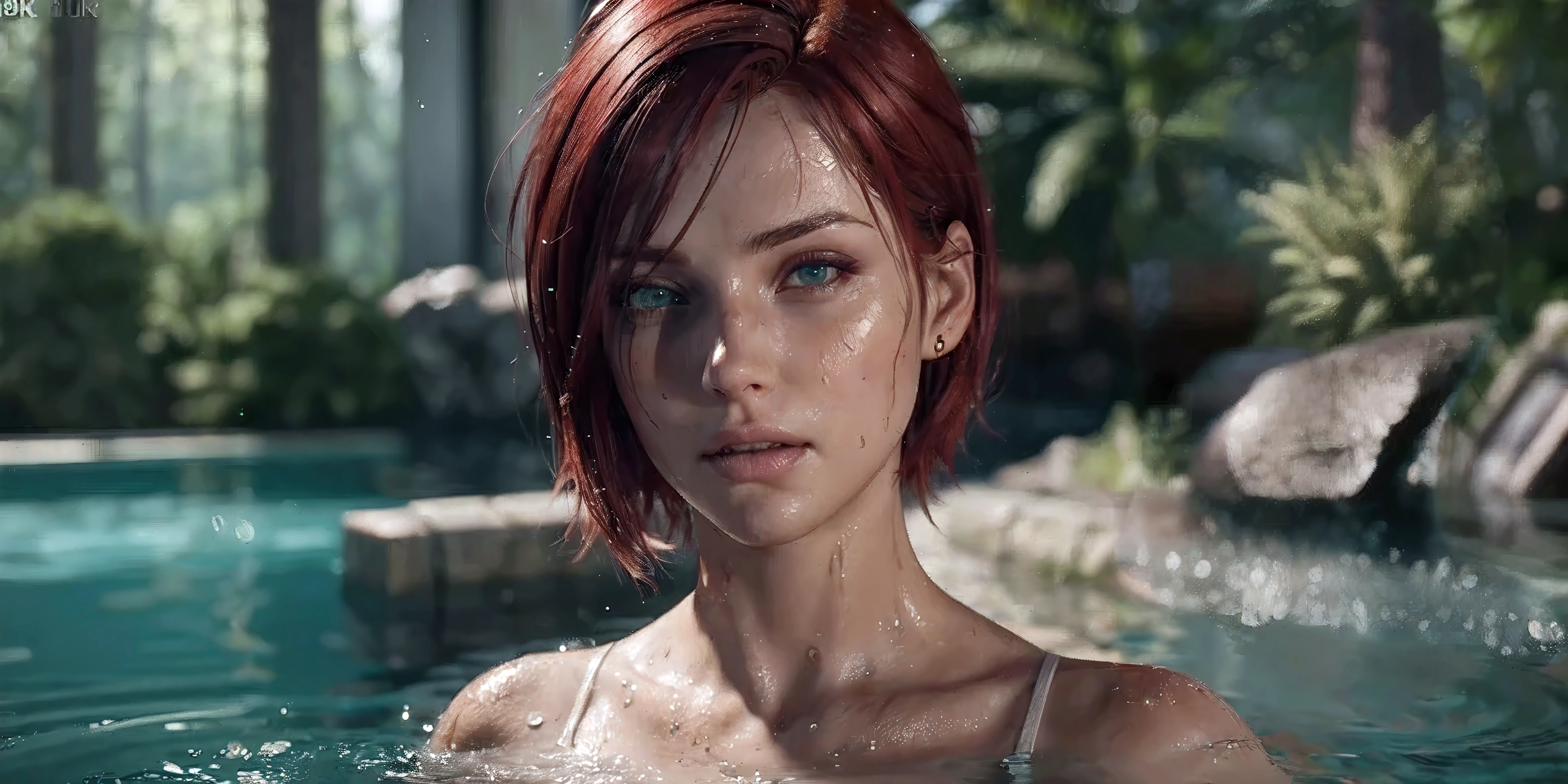 sfw, close up portrait of a cute ((((naked))) woman (mexican lady with heart-shaped pupils) bathing in a river), reeds, (backlighting), short (red honey) hair, (((pixie cut))), devil_smile, honey eyes, realistic, masterpiece, highest quality, lens flare, tanned mexican girl, detailaded hair and skin, perfect hair and skin, shade, bloom, [[chromatic aberration]], by Jeremy Lipking, by Antonio J. Manzanedo, digital painting,
