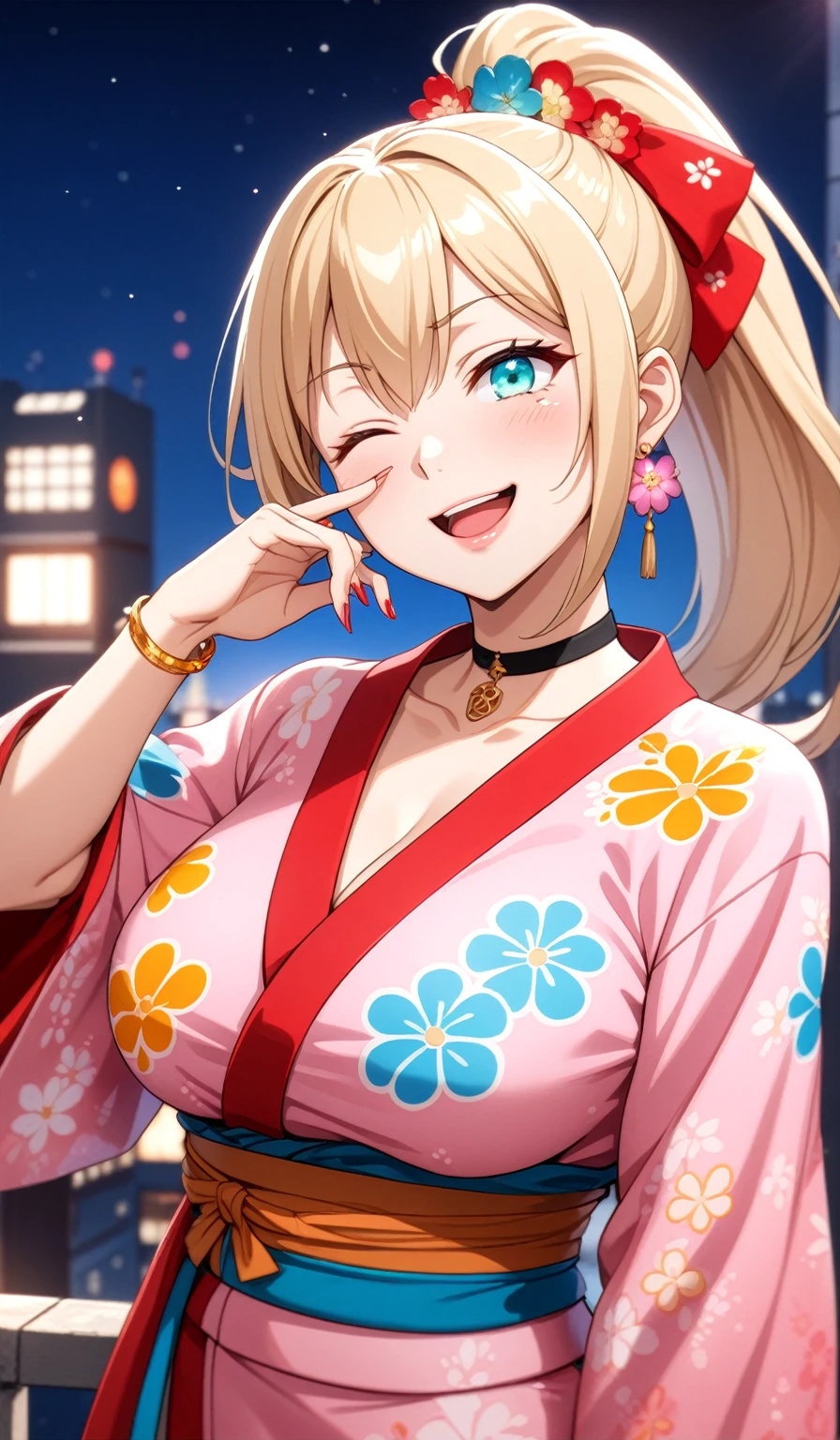 ((One personの女性)), Beautiful Face,Laughing embarrassedly,((one eye closed:2.0)),Laugh with your mouth wide open((Bright red cheeks:1.4)),Glossy pink lips,night,rooftop,Festive decorations,You can see the ocean, firework,Laughing with your mouth open,Glossy pink lips,Lighting on the face,((Anime style background)),masterpiece, Highest quality, so beautiful,Latest, Complex details, (Pink long nails),(ring),(bracelet),(choker),AI-generated, Complex,High resolution, Highest quality, super high quality,3D Images、View your viewers、3D Images,One person,Long blonde hair,High Ponytail,(Turquoise Eyes),Anime woman posing for a photo, ((Fine grain、Colorful Eyes、Shining Eyes:1.4)),(Squint your eyes:1.8),a hyperRealistic , hyperRealistic , Realistic,Anime woman with long and white hair, Smooth anime CG art, A woman in a colorful kimono with gold embroidery, (Pink long sleeve kimono),Red floral pattern,Long flower hair ornament,big floral earrings,Mature Body,(Big Breasts:1.1),Tall,Abdominal muscles,Narrow waist,(Zoom in on face:1.7),Shooting from below at an angle