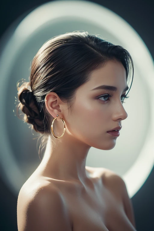 masterpiece, Highest quality, alone, One girl, Glowing Skin, Hoop Earrings, glamorous, Whimsical details, Slicked back hair, Fascinating, ?????, Shallow depth of field, Contrasting, Professional models, Facing forward, Portraiture