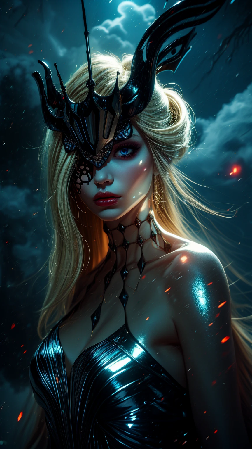 "((Fantasy art)) featuring an alien girl, immersed in a heavenly symphony, clouds turn into bright splashes, flowers are scattered, like notes in the wind, visual orchestration of color and wonder" night , full moon very detailed, dynamic, Cinematic, deafening, Realistic lighting and shadows,1 girl, One, blonde hair, Blue eyes, long hair, open mouth, a mask, one eye is closed, eyeshadow, draw up, clavicle, black a mask, Looking at the viewer, bare shoulders,upper body,realistic,(shiny skin), lady \(Genshin's influence\), black a mask, eye a mask, one eye is closed, fur trim, mature woman, gloves, coat with fur trim