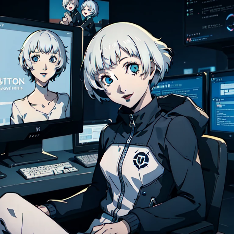 ((1 girl)), blue eyes, very Short hair, black lipstick, white hair, female , tomboy Pixie haircut, deep blue suit, white hair, white hair,,smiling,hacker,in the,dark room,sitting,looking monitor