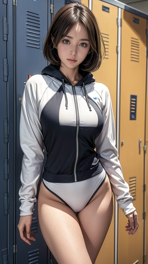 18 years old, Cute type, Young face, Big round eyes, Troubled face, Japanese Girls , (smile:0.7), Gym suit, White long sleeve hoodie, Food, white High leg swimsuit , Thin thighs,Thin waist, Thin thighs, Thin legs, Long legs, Very short hair , Short Bob, (High color saturation:1.0), (Very detailedな肌), (highest quality:1.0), (Ultra-high resolution:1.0) ,(Realistic:1.0), (Very detailed:1.0), (8k, RAW Photos:1.1), ((locker room:1.3)),inverted nipples,