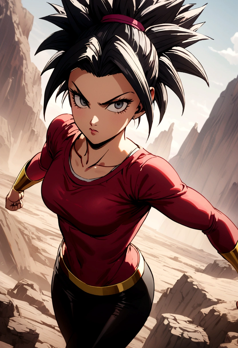 Kefla with black hair up, with red top and leggings, One punch man style