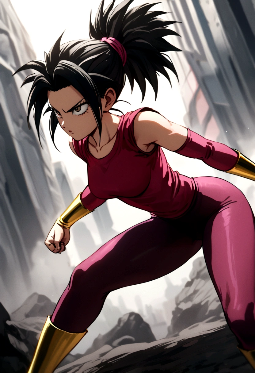 Kefla with black hair up, with red top and leggings, One punch man style