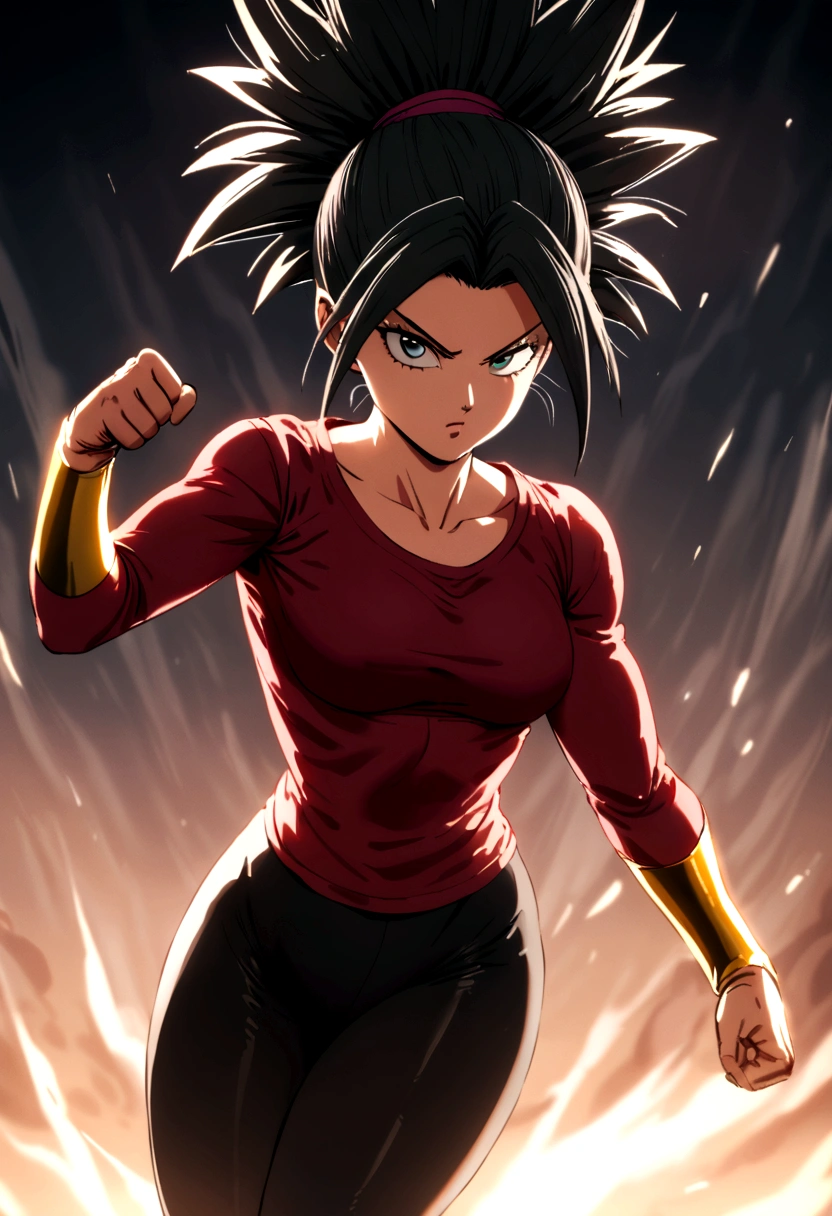 Kefla with black hair up, with red top and leggings, One punch man style