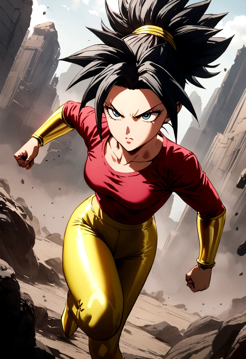 Kefla with black hair up, with red top and leggings, One punch man style