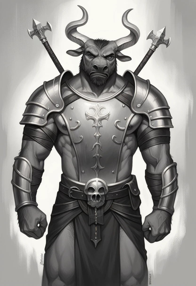 anthropomorphic bull,adventurer outfit,leather armor,vambraces,pauldrons,adventurer's backpack,horns,determined expression,muscular build,dramatic lighting,muted color palette,chiaroscuro lighting,cinematic composition,award-winning digital painting,masterpiece,photorealistic,highly detailed,ultra-detailed