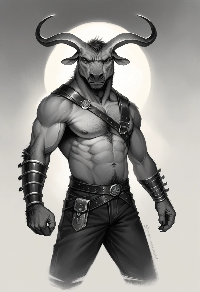 anthropomorphic bull,adventurer outfit,leather armor,vambraces,pauldrons,adventurer's backpack,horns,determined expression,muscular build,dramatic lighting,muted color palette,chiaroscuro lighting,cinematic composition,award-winning digital painting,masterpiece,photorealistic,highly detailed,ultra-detailed, body hair, colored