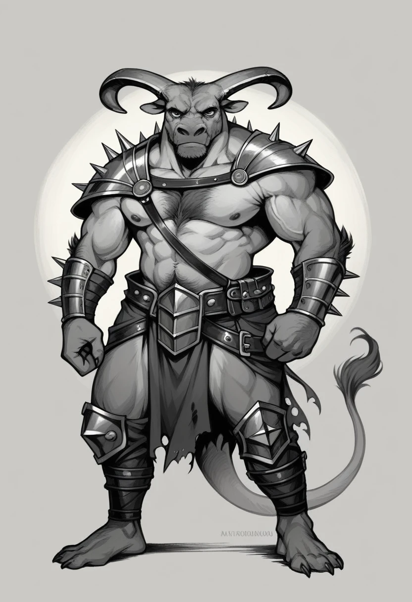 anthropomorphic bull,adventurer outfit,leather armor,vambraces,pauldrons,adventurer's backpack,horns,determined expression,muscular build,dramatic lighting,muted color palette,chiaroscuro lighting,cinematic composition,award-winning digital painting,masterpiece,photorealistic,highly detailed,ultra-detailed, body hair, colored