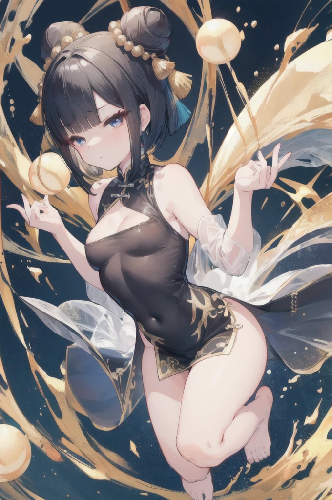chinese bun black short hair,bun cover,dress lift Transparent see-through china dress, long dress,tight mini skirt, gold decoration dress, sleeveless, ultra detailed dress,cleavage, cleavage cutout, clothing cutout,,((NSFW)) ((hentai))Long black hair ((Toddler girl)) ((s old))((Small breasts))