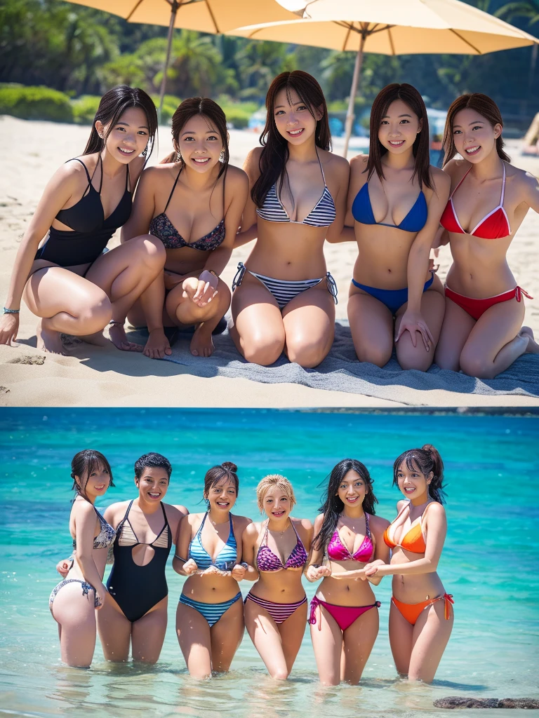 RAW Photos, Highest quality, High resolution, Very detailed、 8K image quality,、Swimwear、group of 5 friends、Beautiful beach、Japanese、Idols、