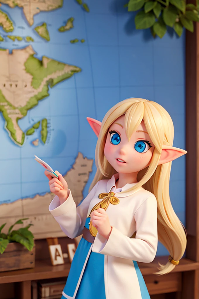 a blonde girl with long hair, sparkling blue eyes and elf ears holds a map in her hand,