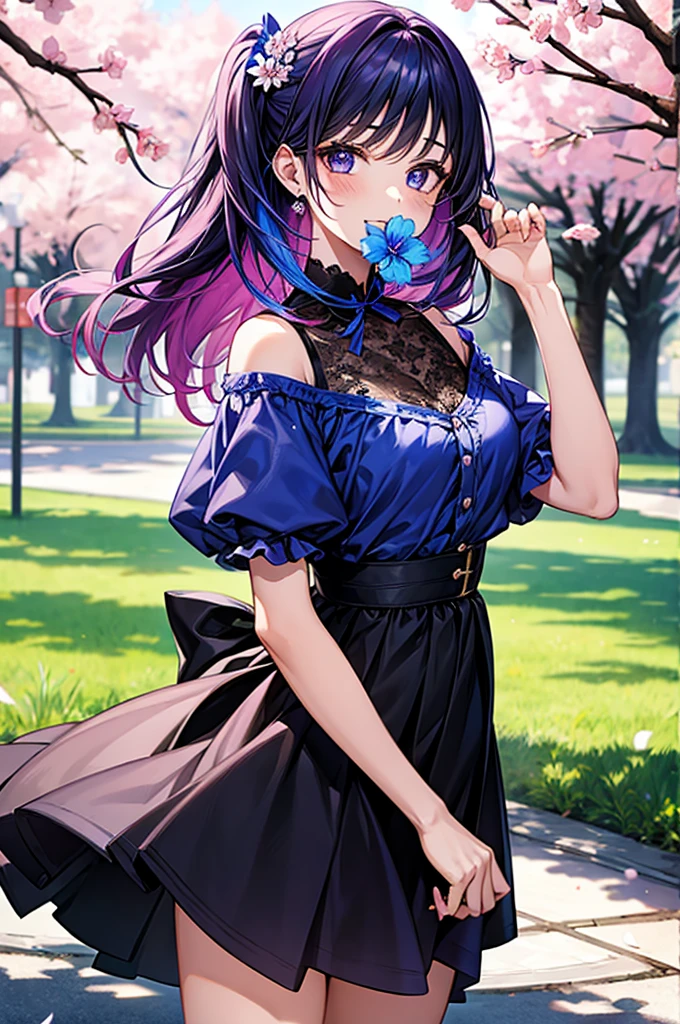 1girl, holding up a sapphire blue flower over her mouth, black pink hair ombre, park with cherry blossom background