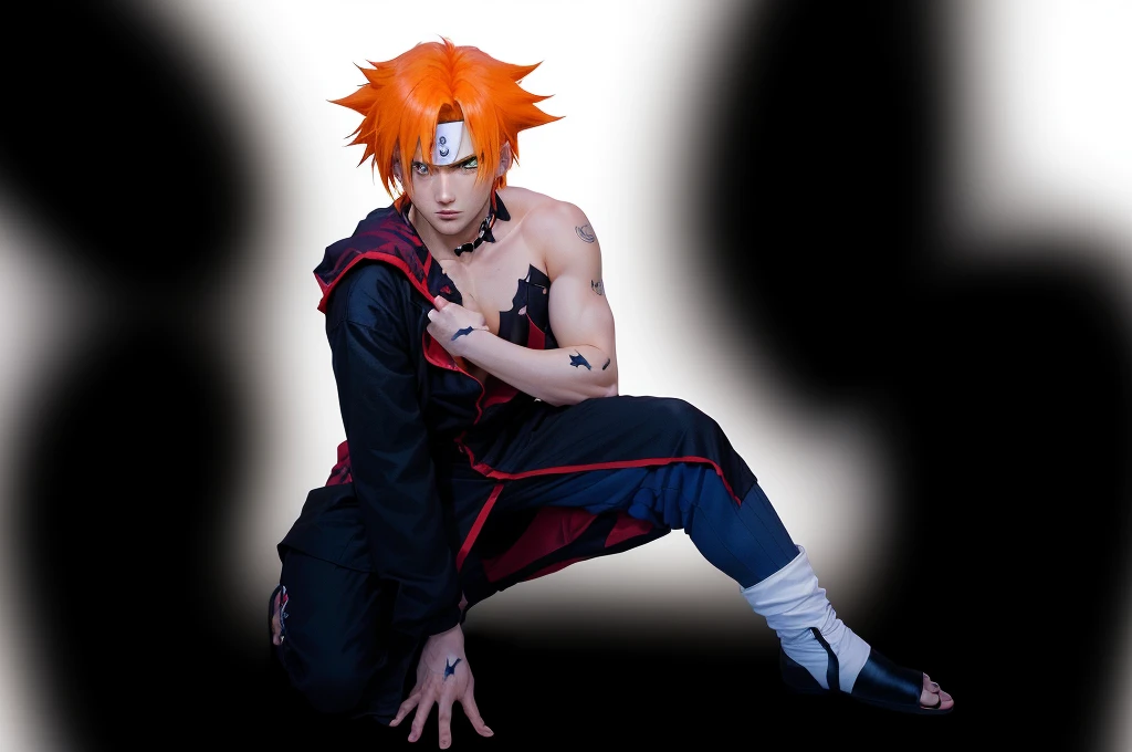 anime role play with orange hair and a black outfit posing for a picture, anime role play, pain From Naruto, role play photo, role player, professional role play, The Joker as Naruto, Ichigo kurosaki, role play, hot topic Comic-Con, Anime Characters; Full body art, Ichigo, From Naruto, full-role play, Comic-Con, Anime Characters, Badass Pose,The environment has stones,There are small stones in the air,Collapsed house with wooden surroundings