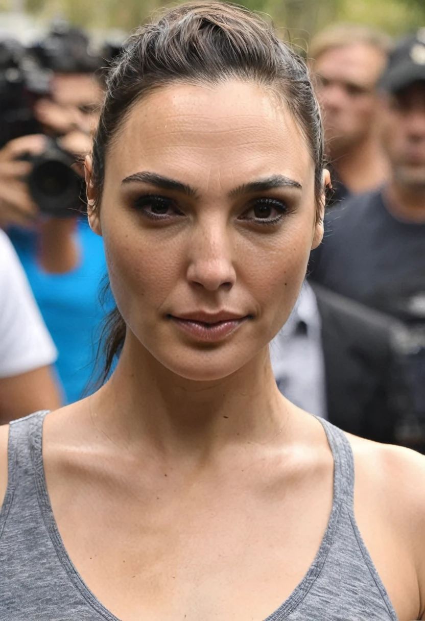  high quality random  paparazzi photograph  (GalGadot  , housewife , mother, slim fit figure, flat breast , random angle, broad shoulders ) random erotic photograph , she is wearing a sweaty  tshirt , random move ,seductive, tired woman   ( depth of field, insanely detailed skin texture, extremely detailed face, hyper detailed features )