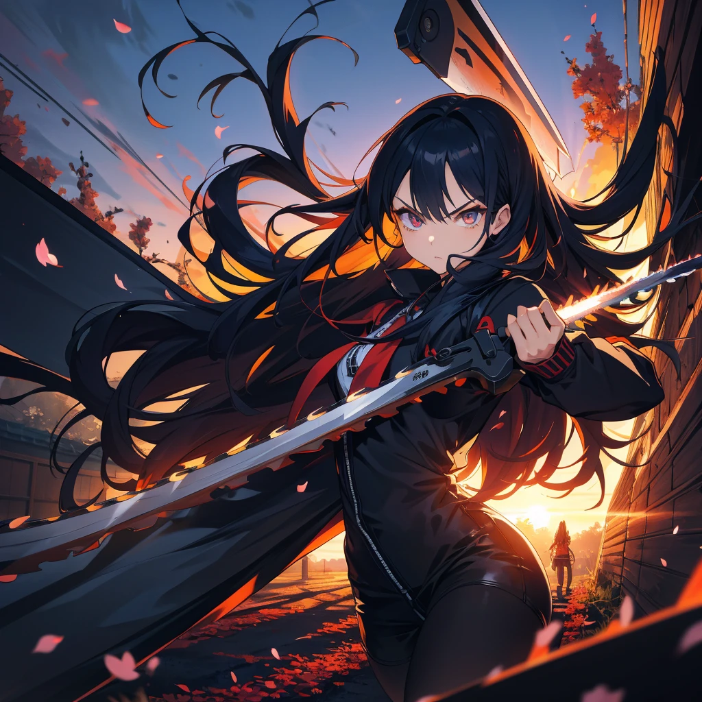 One girl,Chainsaw Sunrise Stance, (Have a weapon:1.3),whole body,Long black hair,,cherry blossoms, Zoom out,Wide Shot, (masterpiece, Highest quality),Dynamic composition、[17277fbe68],((Perspective Lens, Woman with long hair, Dynamic poses with serious and mean expressions, Hold a big, long chainsaw with both hands )) ((Pure azure color background:1.2)),Anime Style、Detailed eyes、Looks like she&#39;s in her early 20s,Shooting in mid-motion,With her long braided hair fluttering. Her outfit is reminiscent of a butterfly,Black and yellow color palette,Be playful.,