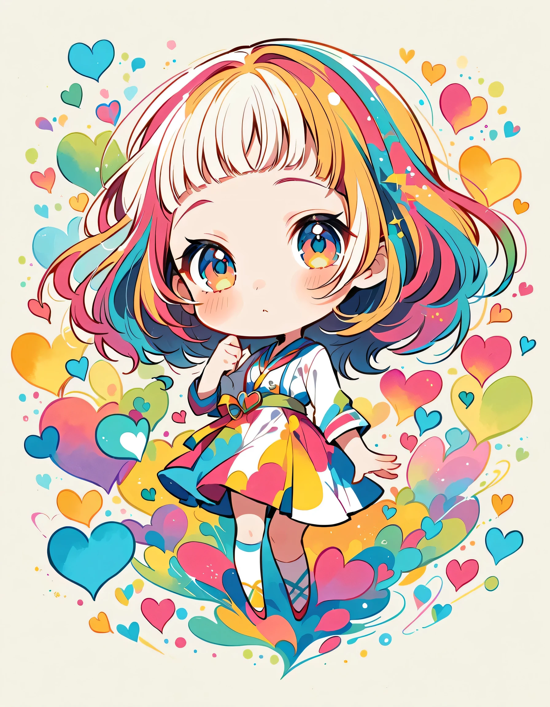 Mika Pikazo style, Simple Line Initialism,Abstract art,Urban Background, colorful hearts ,(((The most beautiful girl of all time))), (((chibi))),