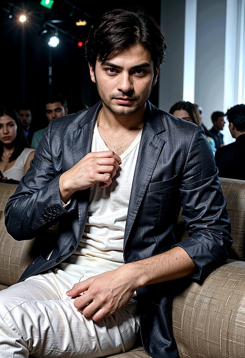 man looks like fawad khan, in a nightclub, in the VIP section, sitting comfortably, in fashion photography, clubbing partying people in the background, designer clothes, professional photography, 4k
