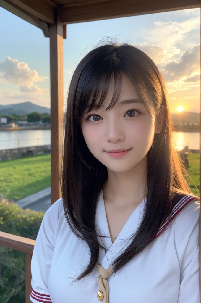 (1 Girl )、(Beautiful Japanese、18years old,round face、Refreshing、clear、seems kind、stylish、Pitiful、cute like an angel、cute、black eyes、,actress,Almond-shaped eyes,Translucent white skin、Beautiful skin), {(Japan human face)} , (((Beautiful breasts:0.4))),(((soft breasts))),(very cute),(Black hair),(enchanting eyes),(highlight on eyes:1.2)、(8K、Live shooting、highest quality、masterpiece:1.2、optimal lighting)、((masterpiece)),(Photo taken by a professional photographer),(real、photo real:1.4),break,{(cute Japanese high school sailor uniform),((traditional Sailor Suit:1.0))},(cheeks are red:1.3), break, break,Face shot:1.3、 face close-up,Looking at viewer、From above,happy,Little smile,田んぼ道,evening、Japanese countryside,evening、sunset、、cumulonimbus,木々,さわやかな風、風に揺れる髪、赤とんぼ