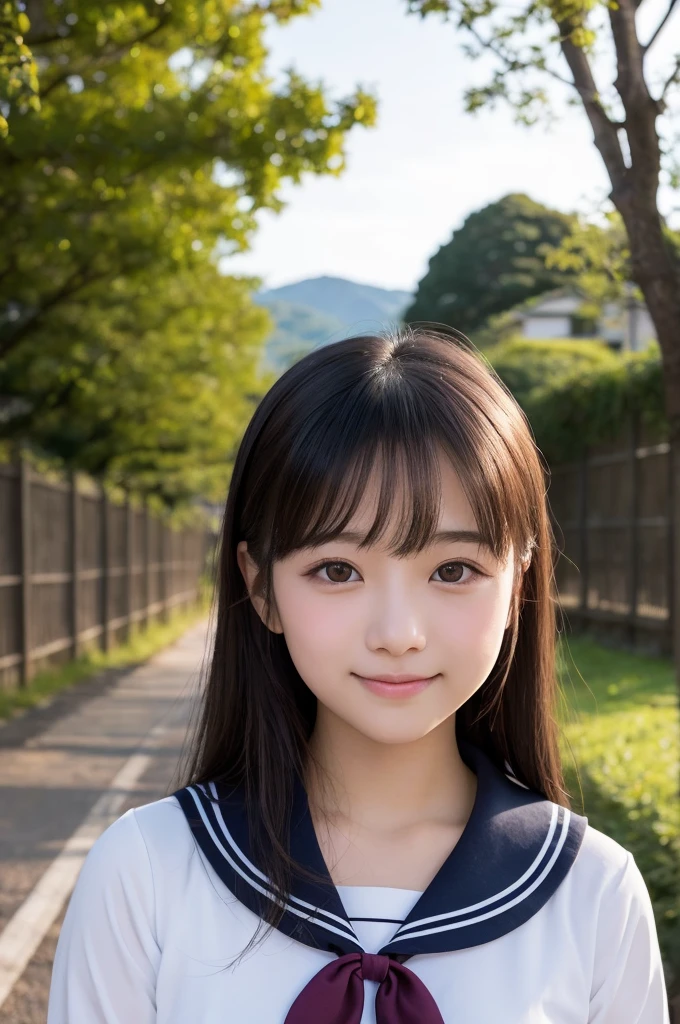 (1 Girl )、(Beautiful Japanese、18years old,round face、Refreshing、clear、seems kind、stylish、Pitiful、cute like an angel、cute、black eyes、,actress,Almond-shaped eyes,Translucent white skin、Beautiful skin), {(Japan human face)} , (((Beautiful breasts:0.4))),(((soft breasts))),(very cute),(Black hair),(enchanting eyes),(highlight on eyes:1.2)、(8K、Live shooting、highest quality、masterpiece:1.2、optimal lighting)、((masterpiece)),(Photo taken by a professional photographer),(real、photo real:1.4),break,{(cute Japanese high school sailor uniform),((traditional Sailor Suit:1.0))},(cheeks are red:1.3), break, break,Face shot:1.3、 face close-up,Looking at viewer、From above,happy,Little smile,田んぼ道,evening、Japanese countryside,evening、sunset、、cumulonimbus,木々,さわやかな風、風に揺れる髪、赤とんぼ