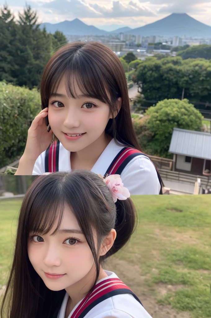(1 Girl )、(Beautiful Japanese、18years old,round face、Refreshing、clear、seems kind、stylish、Pitiful、cute like an angel、cute、black eyes、,actress,Almond-shaped eyes,Translucent white skin、Beautiful skin), {(Japan human face)} , (((Beautiful breasts:0.4))),(((soft breasts))),(very cute),(Black hair),(enchanting eyes),(highlight on eyes:1.2)、(8K、Live shooting、highest quality、masterpiece:1.2、optimal lighting)、((masterpiece)),(Photo taken by a professional photographer),(real、photo real:1.4),break,{(cute Japanese high school sailor uniform),((traditional Sailor Suit:1.0))},(cheeks are red:1.3), break, break,Face shot:1.3、 face close-up,Looking at viewer、From above,happy,Little smile,田んぼ道,evening、Japanese countryside,evening、sunset、、cumulonimbus,木々,さわやかな風、風に揺れる髪、赤とんぼ