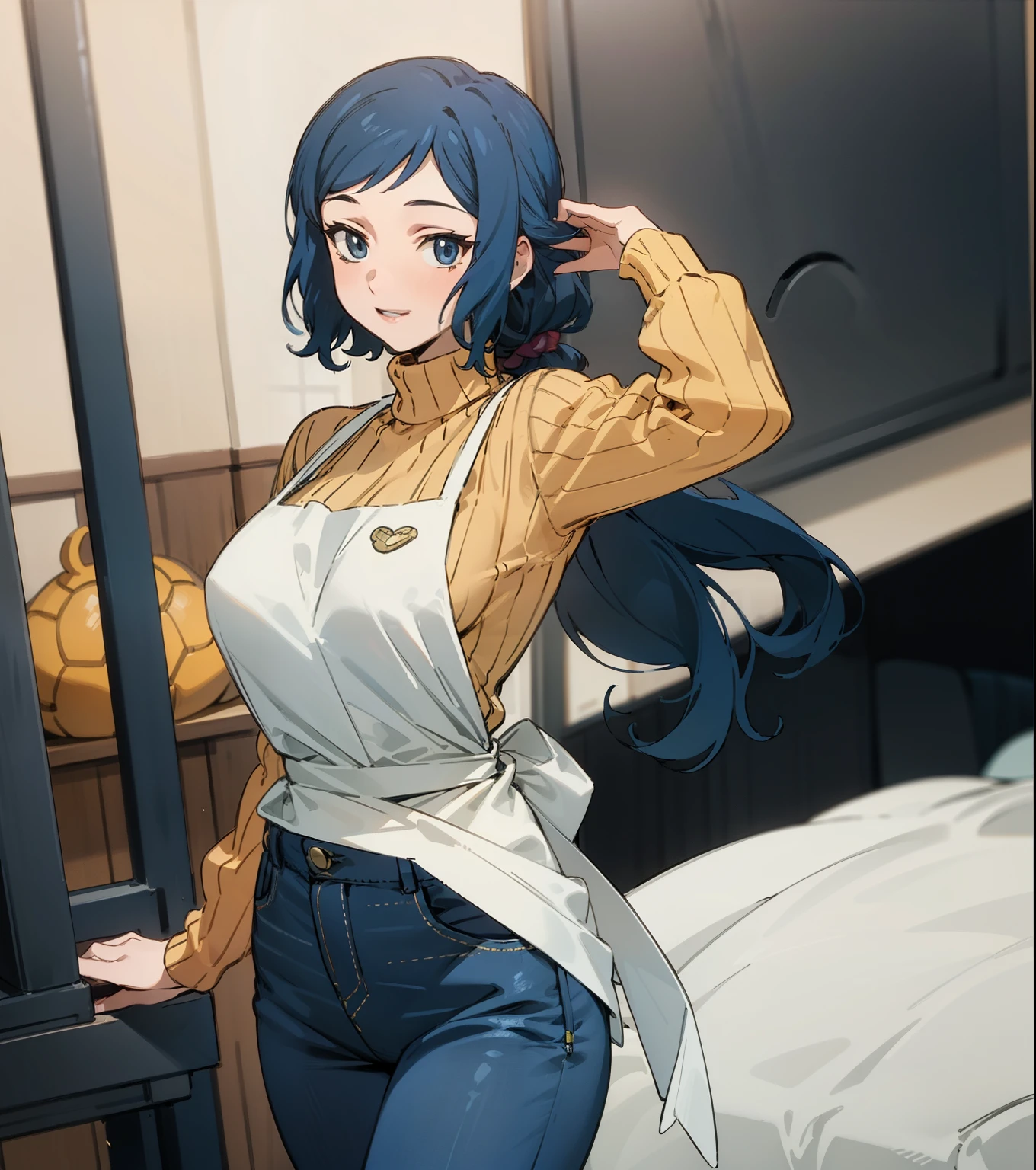 (Masterpiece), Best Quality, ultra-detailed, 1girl (rinko_iori, Slender and sexy body, big and pretty breasts, dark blue hair, long wave hair, blue eyes), smile,parted lips, facing viewer, looking at viewer, solo, yellow turtle neck sweater,  apron(black), denim pants, in the store, standing, Sexy waist teasing, a provocative pose 