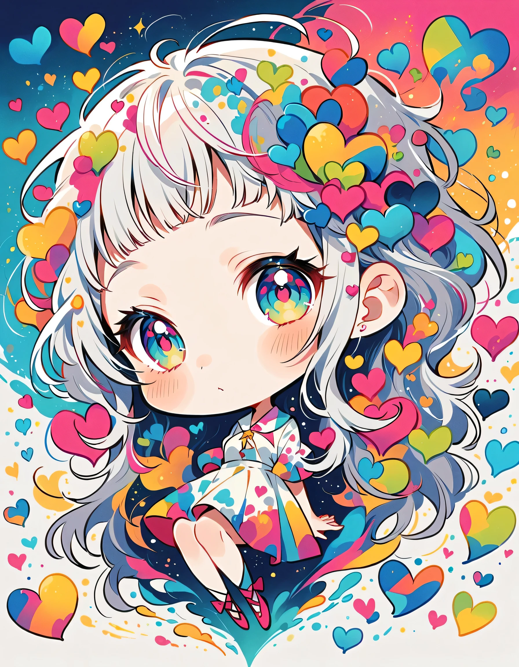 Mika Pikazo style, Simple Line Initialism,Abstract art,Urban Background, colorful hearts ,(((The most beautiful girl of all time))), (((chibi))),