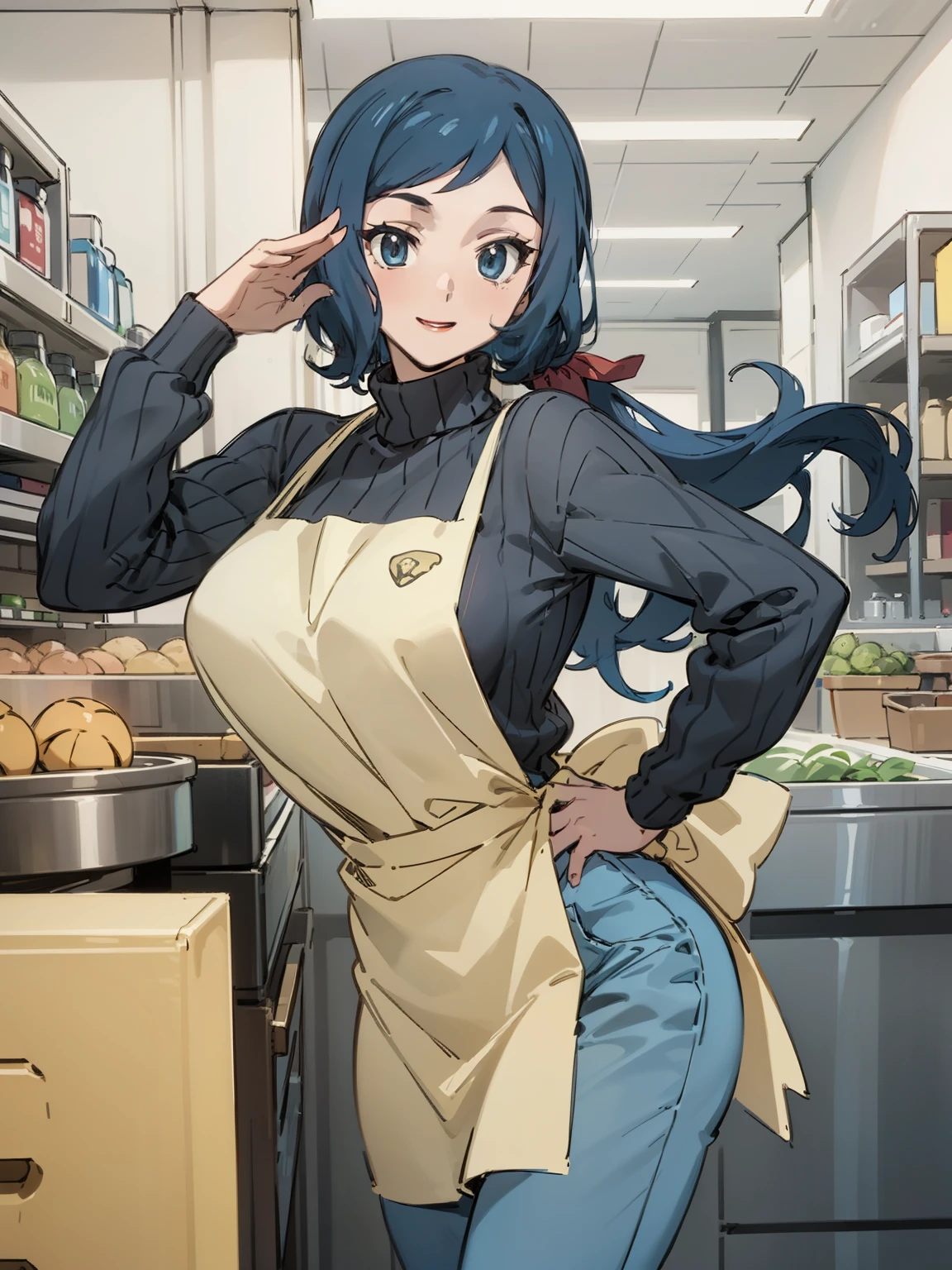 (Masterpiece), Best Quality, ultra-detailed, 1girl (rinko_iori, Slender and sexy body, big and pretty breasts, dark blue hair, long wave hair, blue eyes), smile,parted lips, facing viewer, looking at viewer, solo, yellow turtle neck sweater,   denim pants,apron(black), in the store, standing, Sexy waist teasing, a provocative pose 