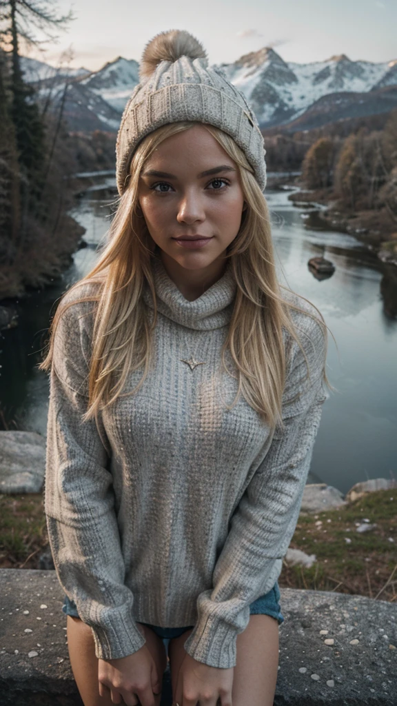 same blonde, photorealistic, best quality, hyper detailed, beautiful woman, selfie photo, upper body, solo, wearing pullover, outdoors, (night), mountains, snow everywhere, real life nature, stars, moon, (cheerful, happy), sleeping bag, gloves, sweater, beanie, flashlight, forest, rocks, river, wood, smoke, fog, clear sky, analog style, looking at viewer, extremely detailed, volumetric face light, visible shadows, skin texture, film grain, close up, ultra high res, best shadow, RAW, instagram LUT
