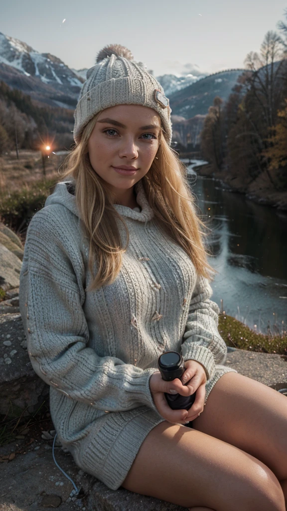 blonde photorealistic, best quality, hyper detailed, gorgeous woman, selfie photo, upper body, soli, pullover tragen, cool, (natta), mountains, Nature in real life, stars, Mond, (cheerful, happy), sleeping bag, gloves, pullover, beanie, flashlight, woods, rocks, river, wood, smoke, fog, clear sky, analog style, looking down at viewer, skin texture, film grain, close up, ultra-high resolution, Best Shadow, .RAW, instagram LUT