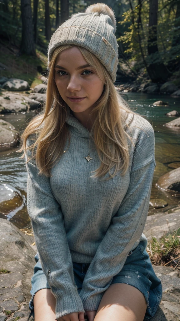 blonde photorealistic, best quality, hyper detailed, gorgeous woman, selfie photo, upper body, soli, pullover tragen, cool, (natta), mountains, Nature in real life, stars, Mond, (cheerful, happy), sleeping bag, gloves, pullover, beanie, flashlight, woods, rocks, river, wood, smoke, fog, clear sky, analog style, looking down at viewer, skin texture, film grain, close up, ultra-high resolution, Best Shadow, .RAW, instagram LUT
