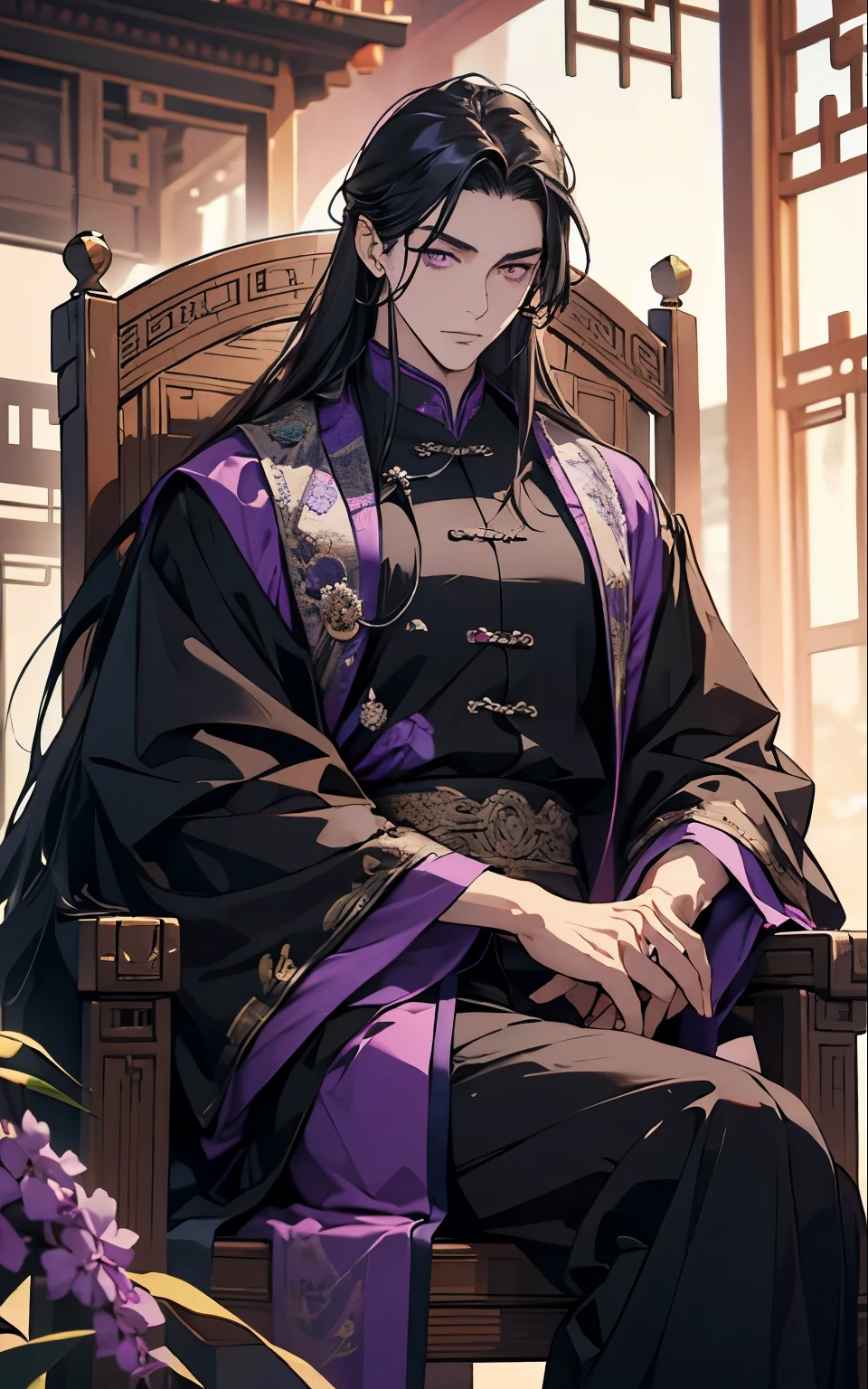1 middle-aged man, (45 years old), long black hair, violet eyes, chinese clothes, purple clothes, sitting chniese throne, purple chinese room