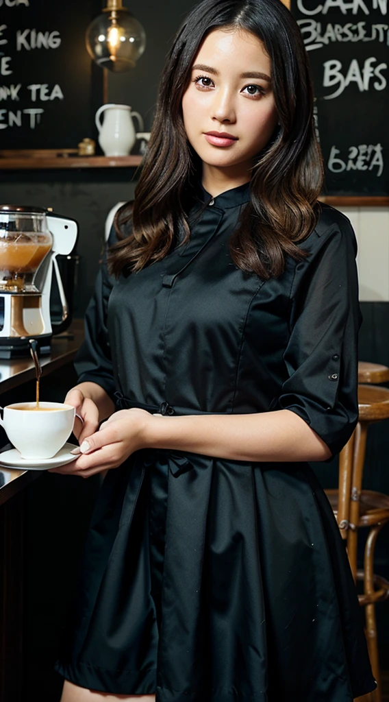 Young and beautiful woman、Black dress、Stylish cafe、drink tea、