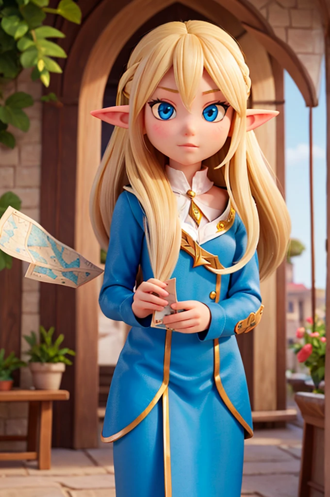 a blonde girl with long hair, sparkling blue eyes and elf ears holds a map in her hand
