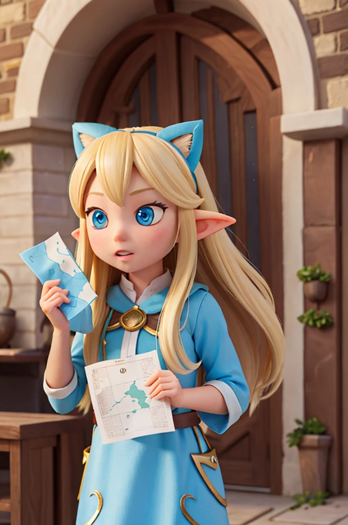 a blonde girl with long hair, sparkling blue eyes and elf ears holds a map in her hand
