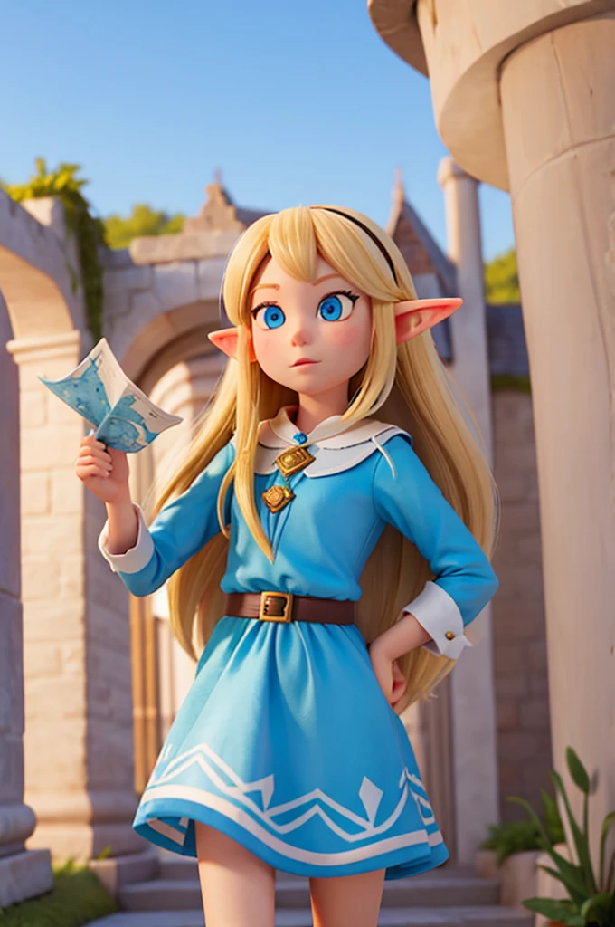 a blonde girl with long hair, sparkling blue eyes and elf ears holds a map in her hand
