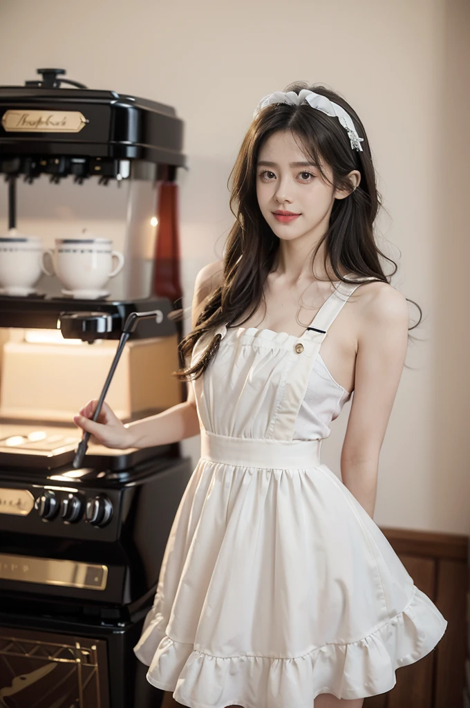 (((best quality))),(((ultra detailed))),(((masterpiece))),illustration,1girl,maid cafe,stunningly beautiful,slim,medium straight bob hair,flat chest,deep captivating eyes,maid costume,see through lace apron,short hemline,bare arms,arms behind back,thighs,slender legs,pantyhose,graceful movements,confident charm,warm genuine smile,France cafe,sliding paper doors,delicious coffee pastries,warm inviting atmosphere,joyful eyes,Coffee Machine,upper body