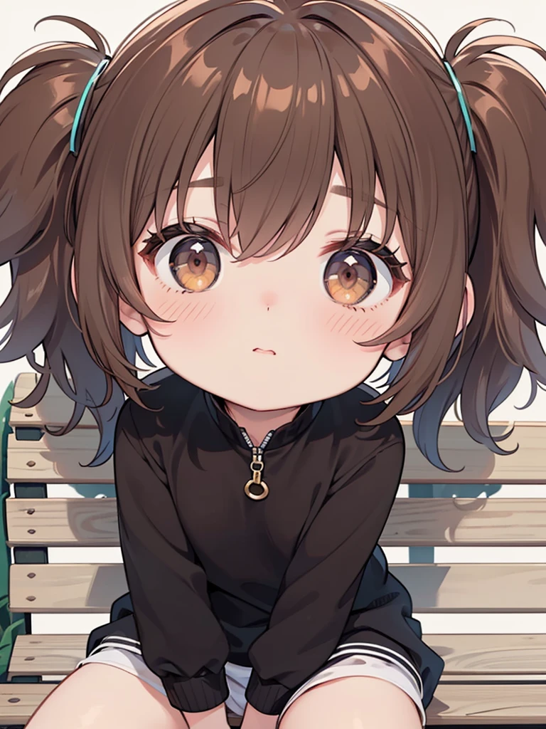 realistic image, coherent image, detailed image, 1girl‚ brown eyes‚ beautiful eyelashes‚ (brownhair)‚ (brownhair curtos), (brownhair curtos e cacheados), (Messy hair) outfit, sitting on a bench, seios grandes, coxas grossas‚ pastel and vibrant colors, chibi style, lineart, simple